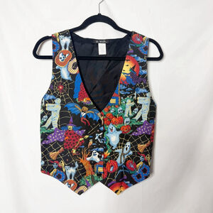 Women's Vintage 111 Main Black Multi-color Halloween Print Spooky Vest Medium